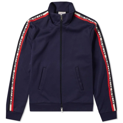 Shop Moncler Taped Sleeve Zip Track Top In Blue