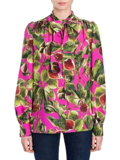Shop Dolce & Gabbana Fig Print Tie Neck Blouse In Pink
