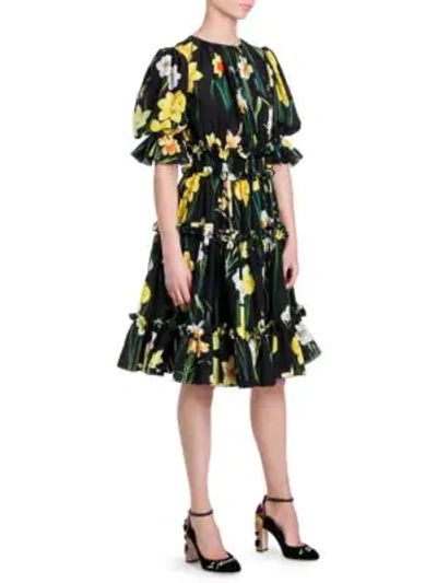 Shop Dolce & Gabbana Daffodil Print Ruffled Dress In Black Multi