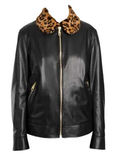 Shop Dolce & Gabbana Leopard Print Collar Leather Jacket In Black