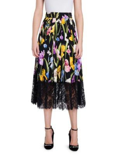 Shop Dolce & Gabbana Lace Hem Floral Midi Skirt In Black Iris