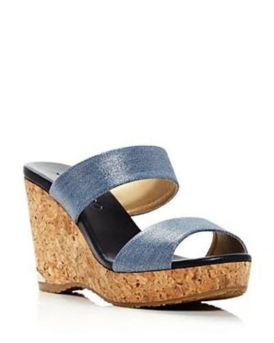 Shop Jimmy Choo Women's Parker 100 Denim Cork Wedge Slide Sandals In Dusk Blue