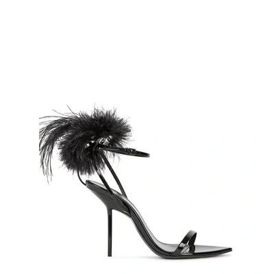 Shop Saint Laurent Mansour Feather-trimmed Leather Sandals In Black