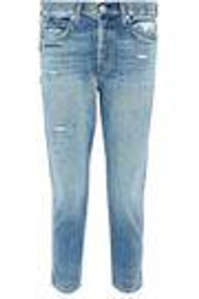Shop Amo Distressed High-rise Slim-leg Jeans In Light Denim