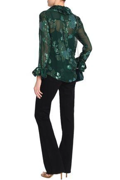 Shop Anna Sui Woman Ruffle-trimmed Metallic Silk-blend Fil Coupé Shirt Forest Green