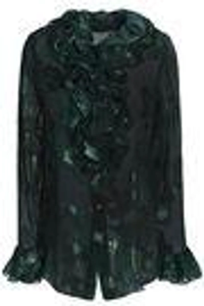 Shop Anna Sui Woman Ruffle-trimmed Metallic Silk-blend Fil Coupé Shirt Forest Green