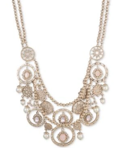 Shop Marchesa Gold-tone Stone, Imitation Pearl And Pave Multi-row Statement Necklace, 16" + 3" Extender