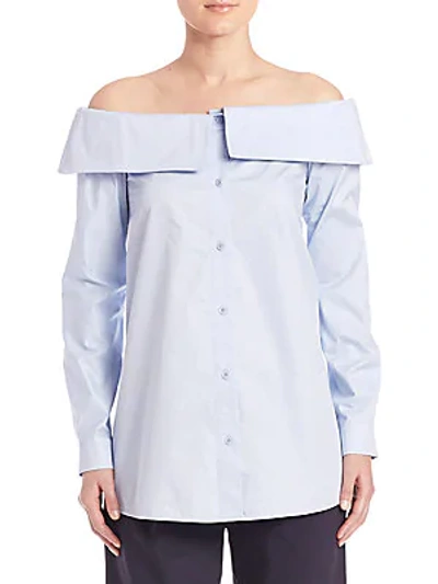 Shop Tibi Satin Poplin Off-the-shoulder Shirt In Morning Blue
