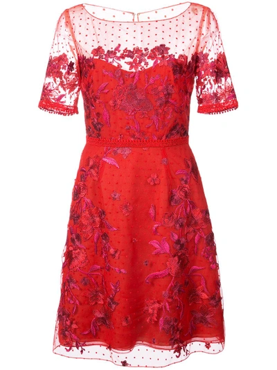 Shop Marchesa Notte Embroidered Point D'esprit Mini Dress In Red