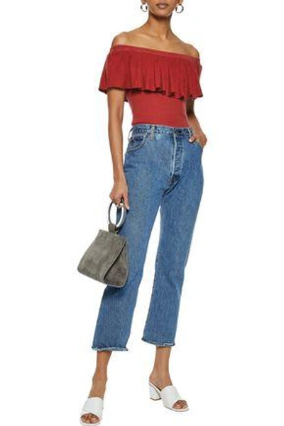 Shop Autumn Cashmere Off-the-shoulder Ruffled Ribbed Cotton Top In Brick