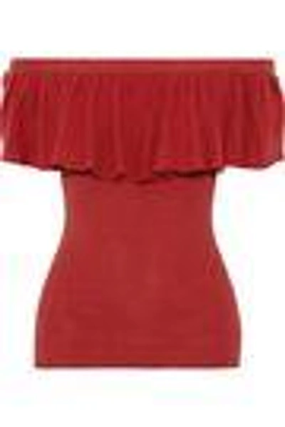 Shop Autumn Cashmere Off-the-shoulder Ruffled Ribbed Cotton Top In Brick