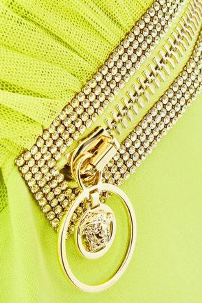 Shop Versace Woman Crystal-embellished Ruched Mesh And Crepe Dress Chartreuse