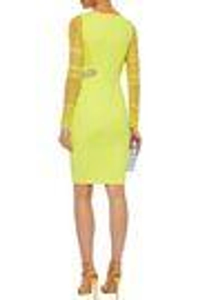 Shop Versace Woman Crystal-embellished Ruched Mesh And Crepe Dress Chartreuse