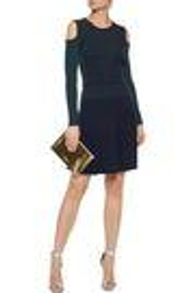 Shop Versace Woman Cold-shoulder Ribbed Two-tone Wool-blend Dress Navy