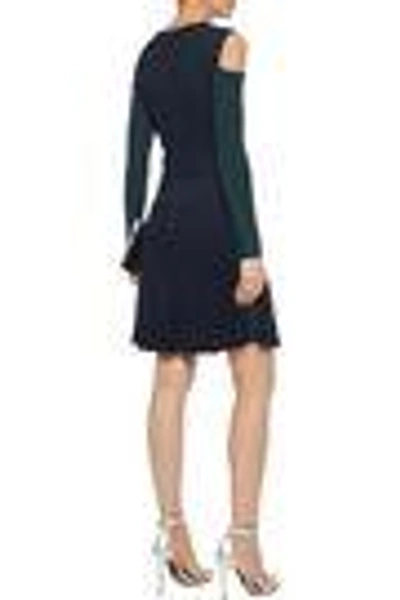 Shop Versace Woman Cold-shoulder Ribbed Two-tone Wool-blend Dress Navy