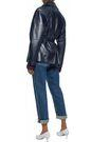 Shop Versace Collection Woman Belted Leather Jacket Midnight Blue