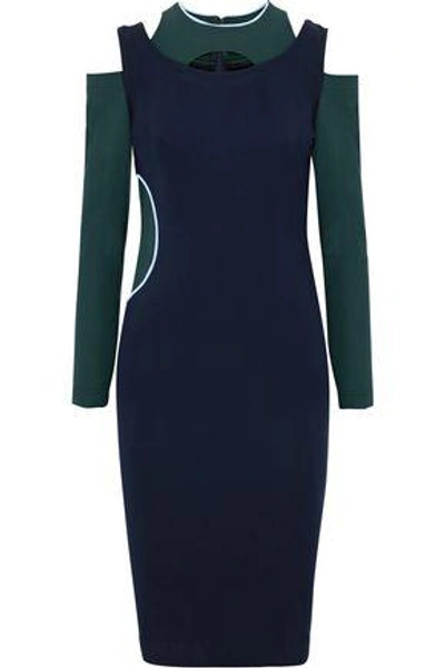 Shop Versace Woman Cutout Two-tone Stretch-ponte Dress Navy