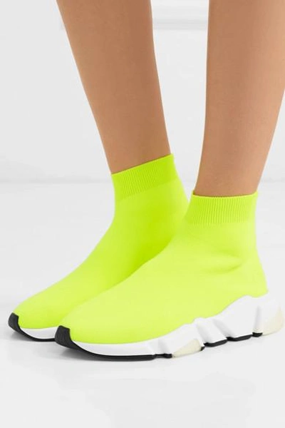 Shop Balenciaga Speed Neon Stretch-knit High-top Sneakers In Yellow