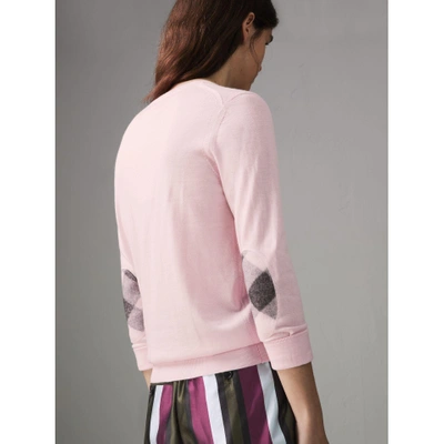 Shop Burberry Check Elbow Detail Merino Wool Sweater In Light Pink