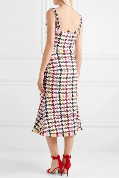 Shop Oscar De La Renta Fringed Houndstooth Wool-blend Tweed Dress In Red