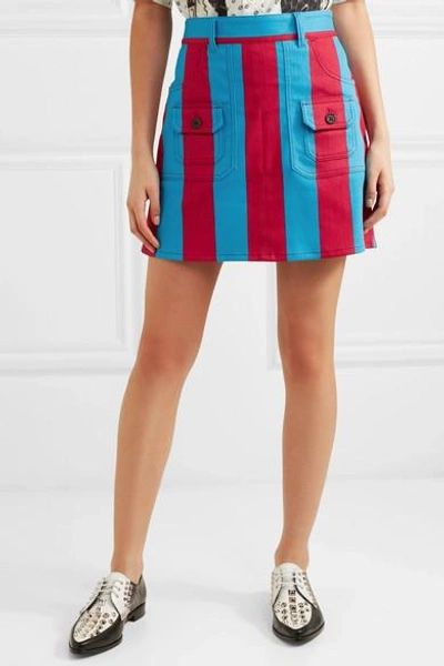 Shop Prada Striped Denim Mini Skirt In Blue