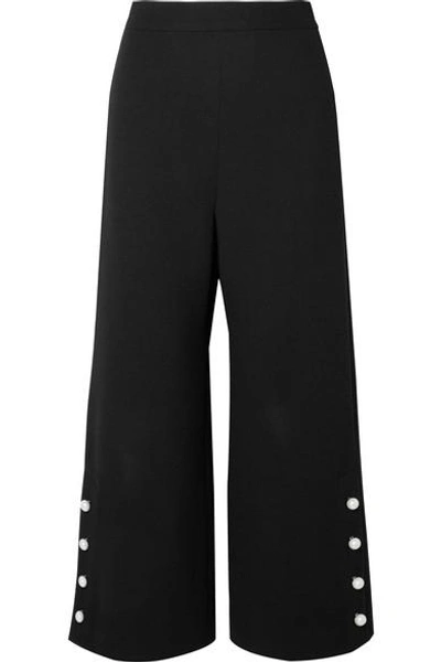 Shop Lela Rose Cropped Faux Pearl-embellished Wool-blend Crepe Wide-leg Pants In Black