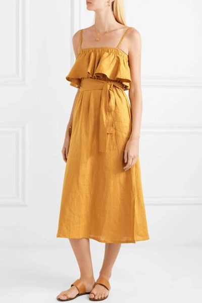 Shop Faithfull The Brand Santo Ruffled Linen Midi Dress In Mustard