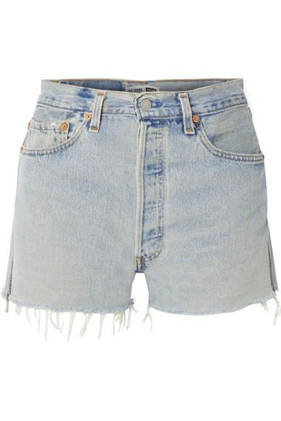 Shop Re/done + Levi's Zip-embellished Frayed Denim Shorts In Light Denim