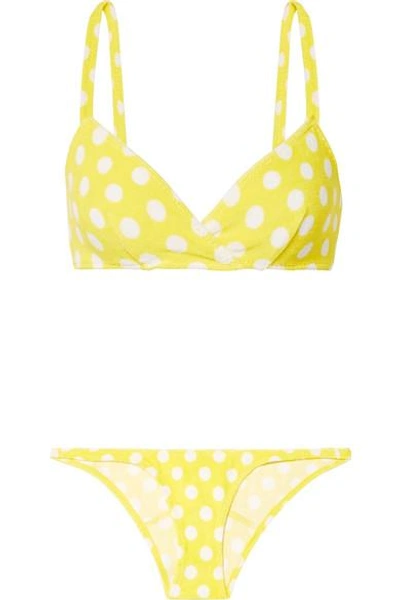 Shop Lisa Marie Fernandez Yasmin Polka-dot Stretch-cotton Terry Bikini Top In Bright Yellow