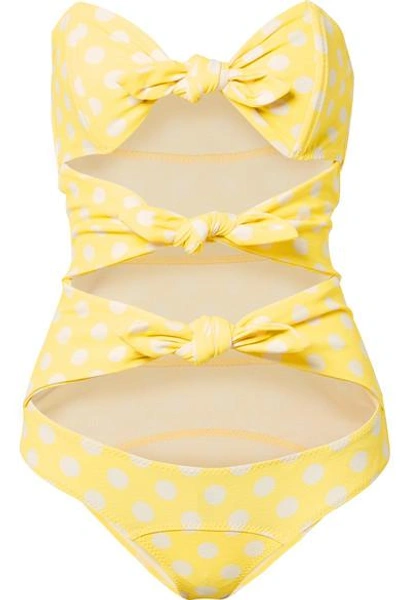 Shop Lisa Marie Fernandez Triple Poppy Knotted Polka-dot Stretch-crepe Swimsuit In Pastel Yellow