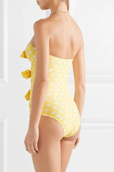 Shop Lisa Marie Fernandez Triple Poppy Knotted Polka-dot Stretch-crepe Swimsuit In Pastel Yellow