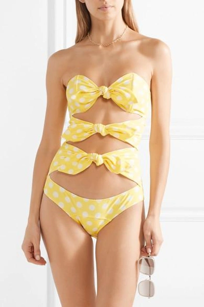 Shop Lisa Marie Fernandez Triple Poppy Knotted Polka-dot Stretch-crepe Swimsuit In Pastel Yellow