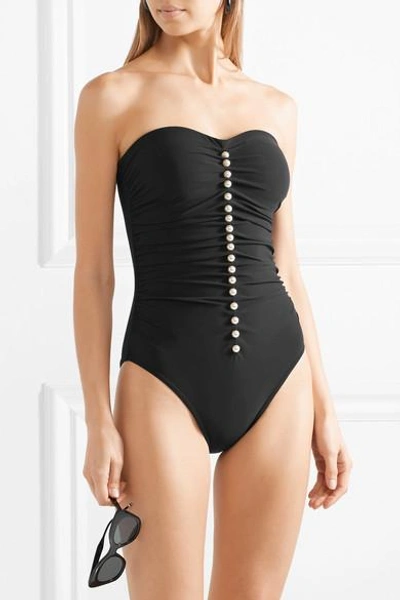 Shop Karla Colletto Amma Faux Pearl-embellished Ruched Bandeau Swimsuit In Black