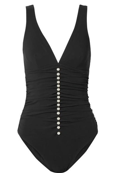 Shop Karla Colletto Amma Embellished Ruched Underwired Swimsuit In Black