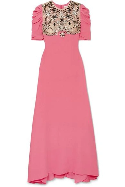Shop Reem Acra Embellished Tulle-paneled Silk Crepe De Chine Gown In Pink