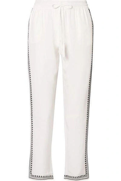 Shop Marie France Van Damme Embroidered Silk Crepe De Chine Straight-leg Pants In White