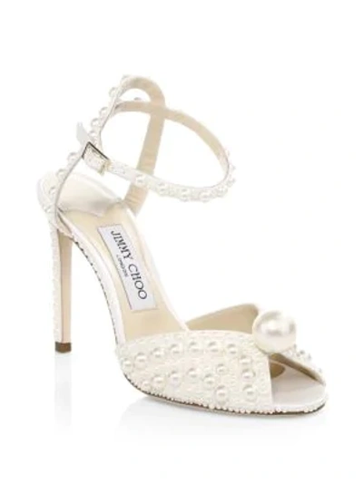 Shop Jimmy Choo Sacora Peep-toe Embellished Satin Sandals In White