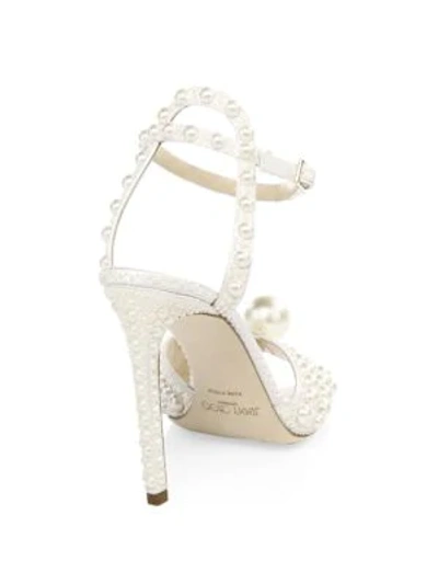 Shop Jimmy Choo Sacora Peep-toe Embellished Satin Sandals In White