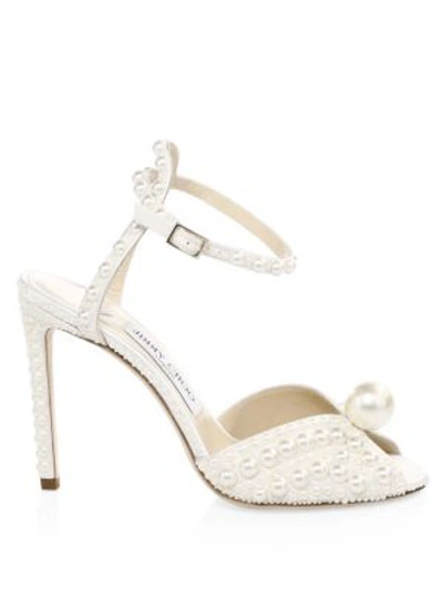 Shop Jimmy Choo Sacora Peep-toe Embellished Satin Sandals In White