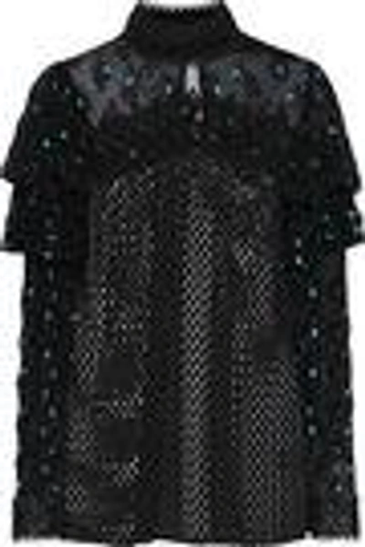 Shop Anna Sui Woman Embroidered Tulle-paneled Open-knit Blouse Black
