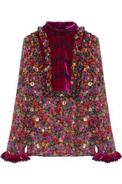 Shop Anna Sui Woman Velvet-paneled Fil Coupé Printed Silk-blend Georgette Blouse Magenta