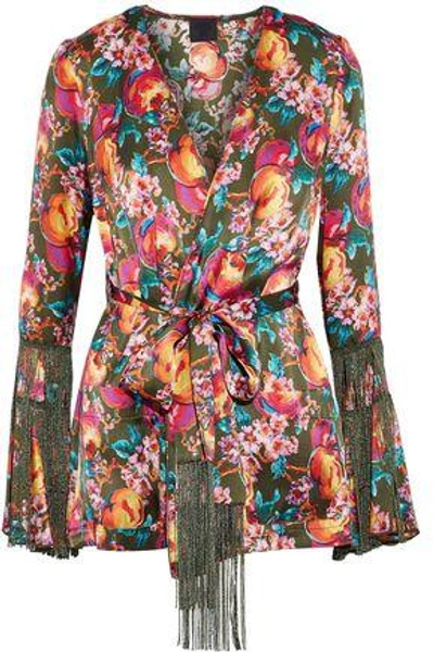 Shop Anna Sui Woman Fringe-trimmed Printed Silk Wrap Jacket Multicolor