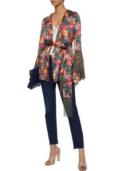 Shop Anna Sui Woman Fringe-trimmed Printed Silk Wrap Jacket Multicolor