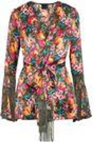 Shop Anna Sui Woman Fringe-trimmed Printed Silk Wrap Jacket Multicolor