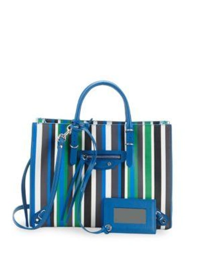 Shop Balenciaga Stripe Leather Tote Bag In Blue Stripe