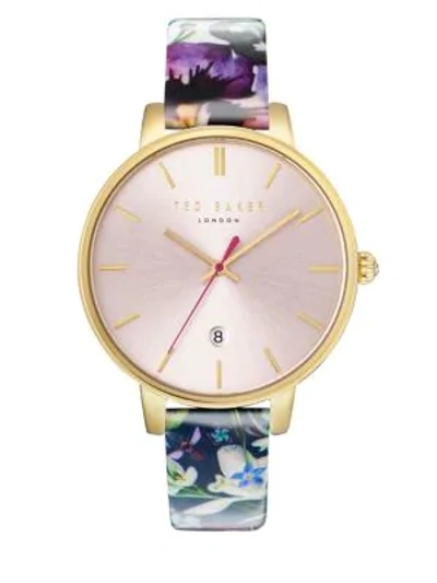 Shop Ted Baker Kate Round Stainless Steel And Floral-print Leather Strap Watch In Gold