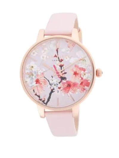 Shop Ted Baker Floral Leather-strap Watch In Rose Gold