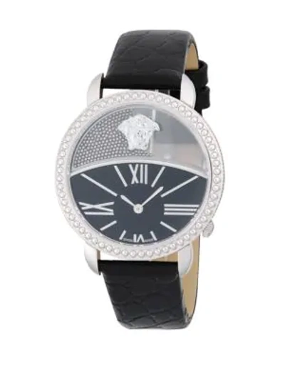 Shop Versace Stainless Steel And Leather-strap Watch In Grey