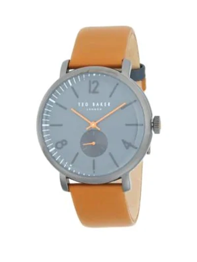 Shop Ted Baker Polished Stainless Steel Leather Strap Watch In Yellow