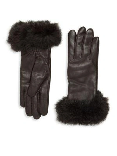 Shop Surell Leather & Rabbit Fur Gloves In Brown